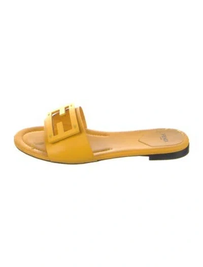 Pre-owned Fendi Zucca Ff Logo Leather Slides In Yellow