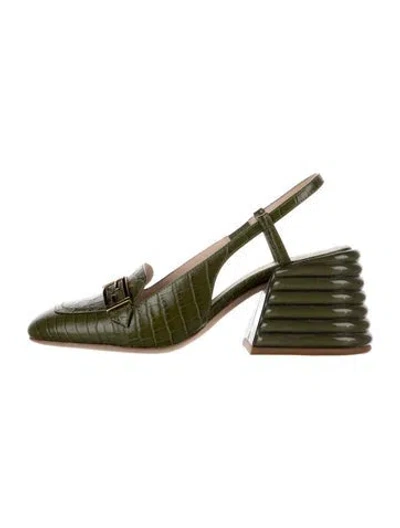 Pre-owned Fendi Zucca Ff Logo Leather Slingback Pumps In Green