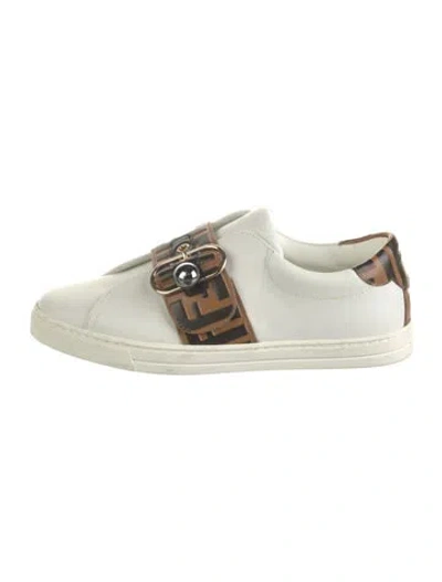 Pre-owned Fendi Zucca Ff Logo Leather Sneakers In White
