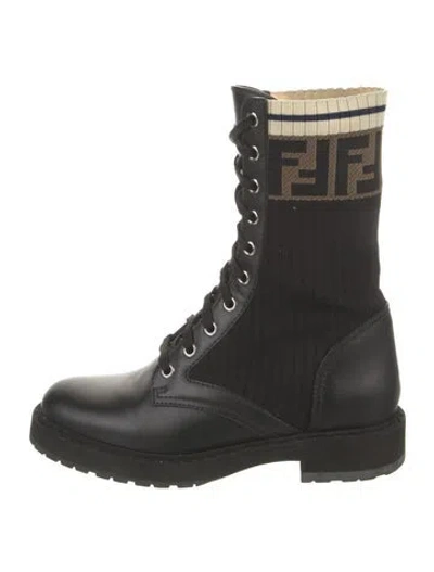 Pre-owned Fendi Zucca Ff Logo Leather Sock Boots In Black