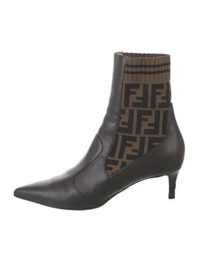 Pre-owned Fendi Zucca Ff Logo Leather Sock Boots In Black