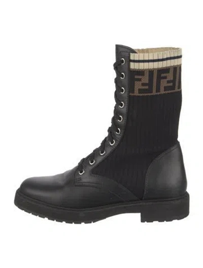 Pre-owned Fendi Zucca Ff Logo Leather Sock Boots In Black