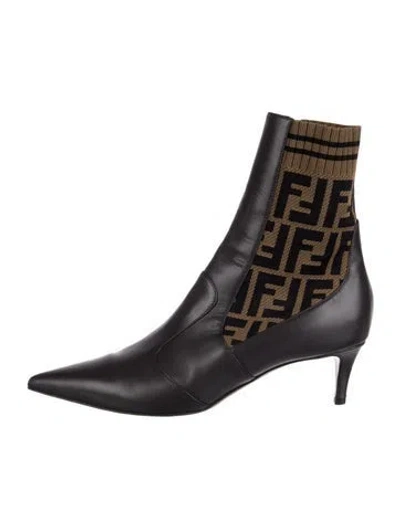 Pre-owned Fendi Zucca Ff Logo Leather Sock Boots In Brown