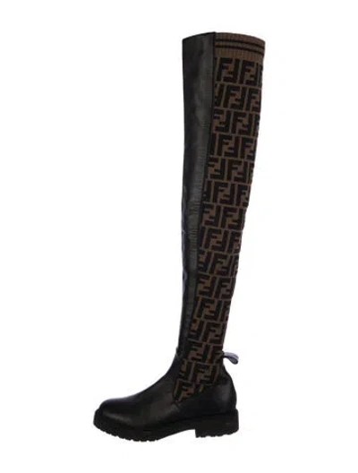 Pre-owned Fendi Zucca Ff Logo Leather Sock Boots In Brown