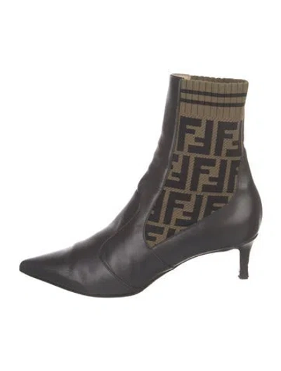 Pre-owned Fendi Zucca Ff Logo Leather Sock Boots In Brown