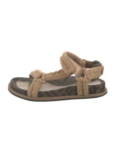 Pre-owned Fendi Zucca Ff Logo Leather Trim Embellishment Sandals In Neutral