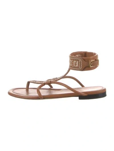 Pre-owned Fendi Zucca Ff Logo Leather T-strap Sandals In Brown