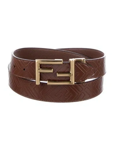 Pre-owned Fendi Zucca Ff Logo Leather Waist Belt In Brown
