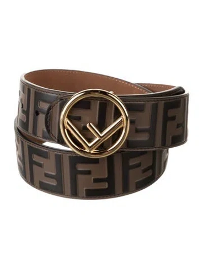 Pre-owned Fendi Zucca Ff Logo Leather Waist Belt In Brown