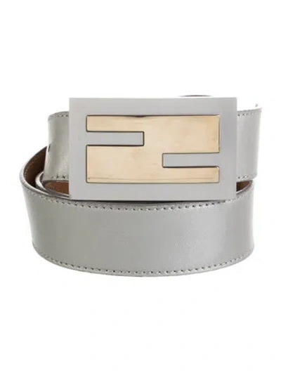 Pre-owned Fendi Zucca Ff Logo Leather Waist Belt In Grey