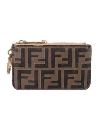 Pre-owned Fendi Zucca Ff Logo Leather Wallet In Brown