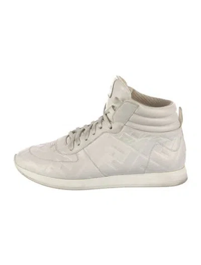 Pre-owned Fendi Zucca Ff Logo Leather Wedge Sneakers In White