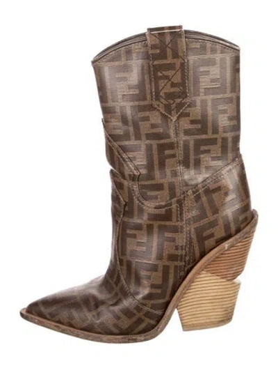 Pre-owned Fendi Zucca Ff Logo Leather Western Boots In Brown