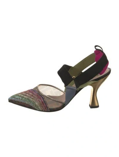 Pre-owned Fendi Zucca Ff Logo Mesh Slingback Pumps In Black