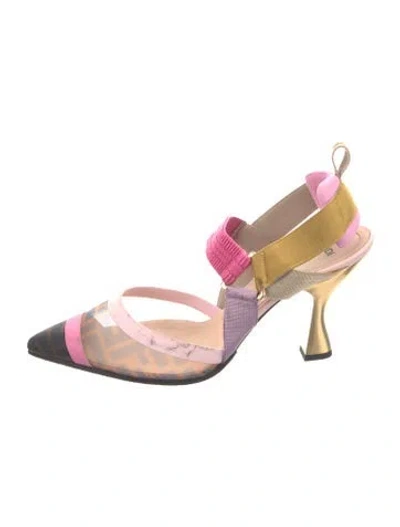 Pre-owned Fendi Zucca Ff Logo Mesh Slingback Pumps In Pink