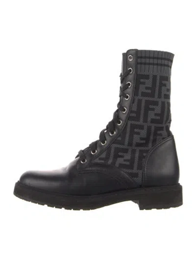 Pre-owned Fendi Zucca Ff Logo Nylon Combat Boots In Black