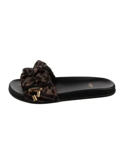 Pre-owned Fendi Zucca Ff Logo Nylon Slides In Black