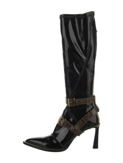 Pre-owned Fendi Zucca Ff Logo Patent Leather Boots In Black