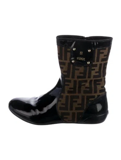 Pre-owned Fendi Zucca Ff Logo Patent Leather Boots In Multi