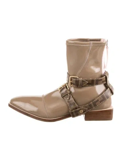 Pre-owned Fendi Zucca Ff Logo Patent Leather Boots In Neutrals