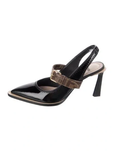 Pre-owned Fendi Zucca Ff Logo Patent Leather Slingback Pumps In Black