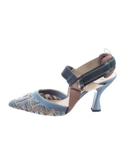 Pre-owned Fendi Zucca Ff Logo Patterned Slingback Pumps In Blue