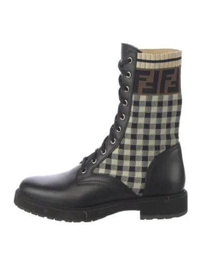 Pre-owned Fendi Zucca Ff Logo Plaid Print Combat Boots In Black