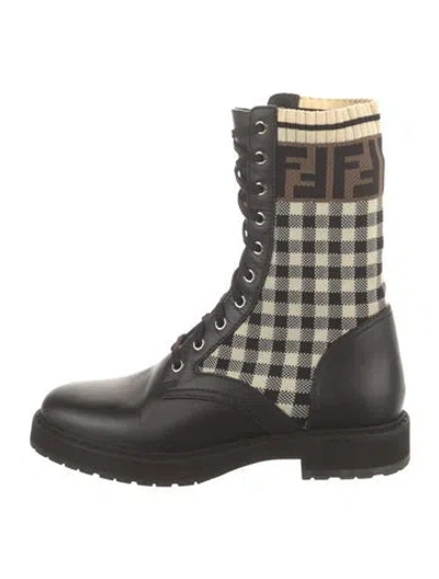 Pre-owned Fendi Zucca Ff Logo Plaid Print Combat Boots In Neutral