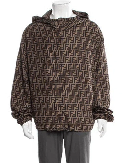 Pre-owned Fendi Zucca Ff Logo Plaid Print Parka In Brown
