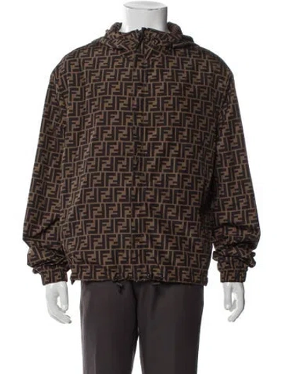 Pre-owned Fendi Zucca Ff Logo Plaid Print Windbreaker In Brown