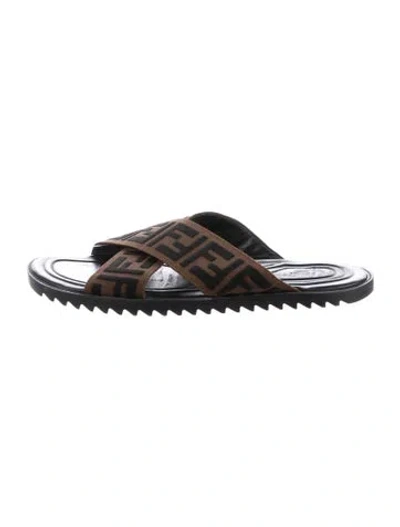 Pre-owned Fendi Zucca Ff Logo Printed Slides In Brown