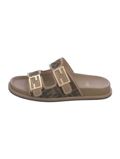 Pre-owned Fendi Zucca Ff Logo Printed Slides In Brown