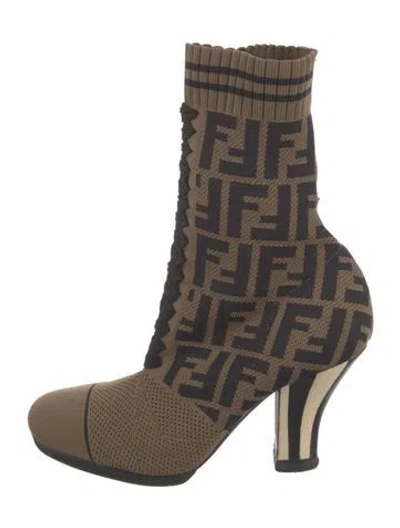 Pre-owned Fendi Zucca Ff Logo Printed Sock Boots In Brown