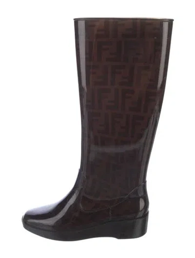 Pre-owned Fendi Zucca Ff Logo Pvc Rain Boots In Brown