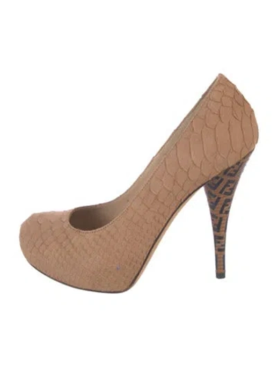 Pre-owned Fendi Zucca Ff Logo Python Pumps In Neutral