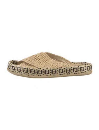 Pre-owned Fendi Zucca Ff Logo Raffia Mules In Neutral