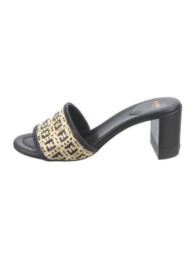 Pre-owned Fendi Zucca Ff Logo Raffia Slides In Blue