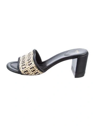 Pre-owned Fendi Zucca Ff Logo Raffia Slides In Neutral