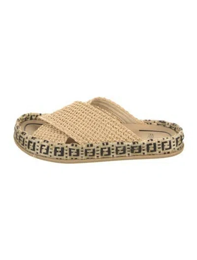 Pre-owned Fendi Zucca Ff Logo Raffia Slides In Neutral