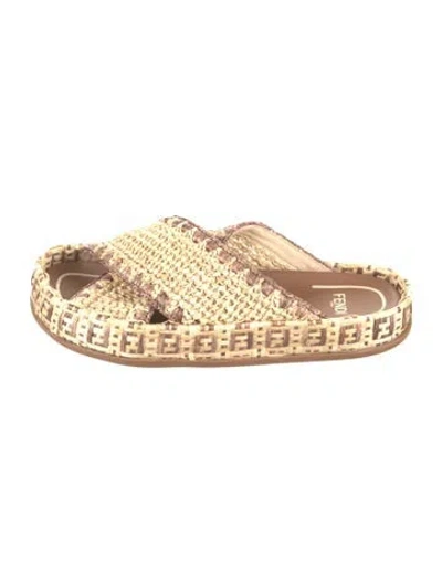 Pre-owned Fendi Zucca Ff Logo Raffia Slides In Neutrals
