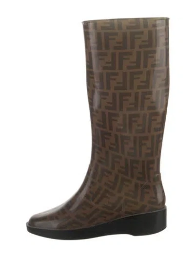 Pre-owned Fendi Zucca Ff Logo Rubber Rain Boots In Brown