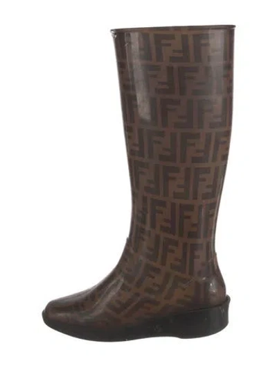 Pre-owned Fendi Zucca Ff Logo Rubber Rain Boots In Brown