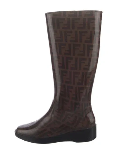 Pre-owned Fendi Zucca Ff Logo Rubber Rain Boots In Brown