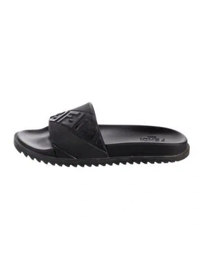 Pre-owned Fendi Zucca Ff Logo Rubber Slides In Black