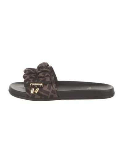 Pre-owned Fendi Zucca Ff Logo Satin Slides In Black
