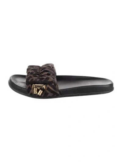 Pre-owned Fendi Zucca Ff Logo Satin Slides In Brown