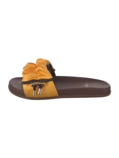 Pre-owned Fendi Zucca Ff Logo Satin Slides In Brown/yellow