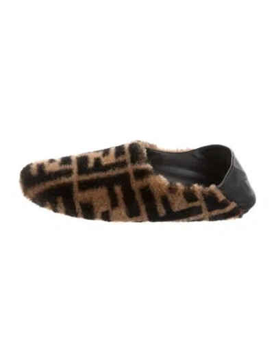 Pre-owned Fendi Zucca Ff Logo Shearling Flats In Brown