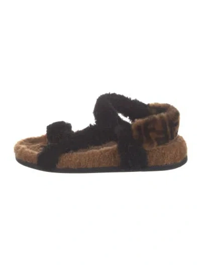 Pre-owned Fendi Zucca Ff Logo Shearling Sandals In Black/brown