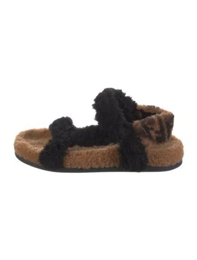 Pre-owned Fendi Zucca Ff Logo Shearling Slides In Black
